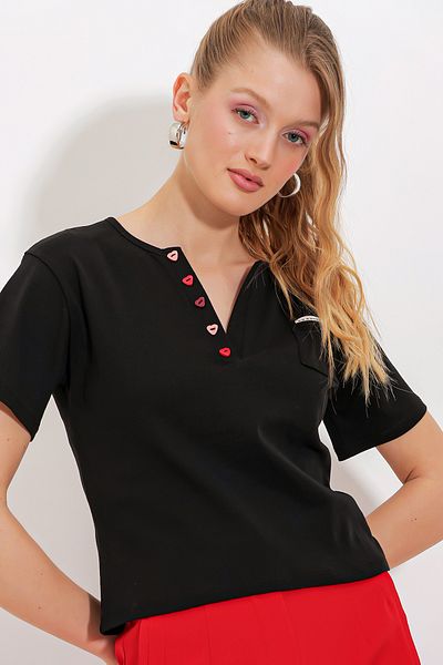Bigdart Tricou cu mânecă scurtă detaliat cu nasturi negru pentru femei 903