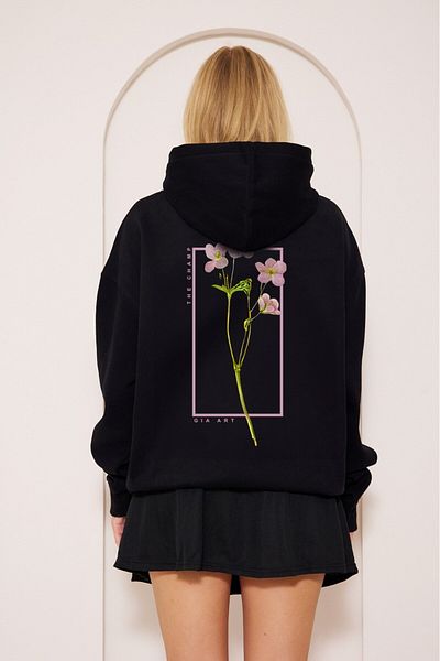 GIA - ART Hooded Fleece Flowers Printed Black Unisex Hoodie Sweatshirt