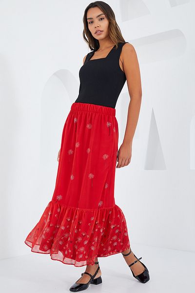 Bigdart Rot gemusterter Chiffonrock für Damen 8010