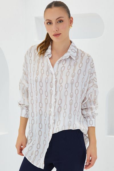 Bigdart Női bézs fehér mintás oversize szatén ing 3985