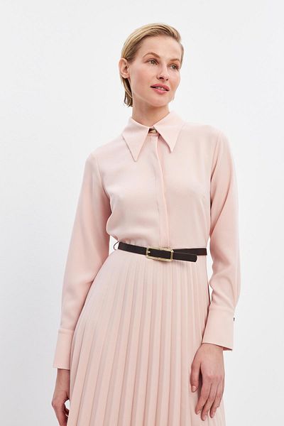 Setre Powder Shirt Collar Pleat Detailed Belted Midi Dress