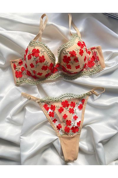 SİLVER MİRROR Padded Red Flower Detailed Bra Panty Thong Set with Backing
