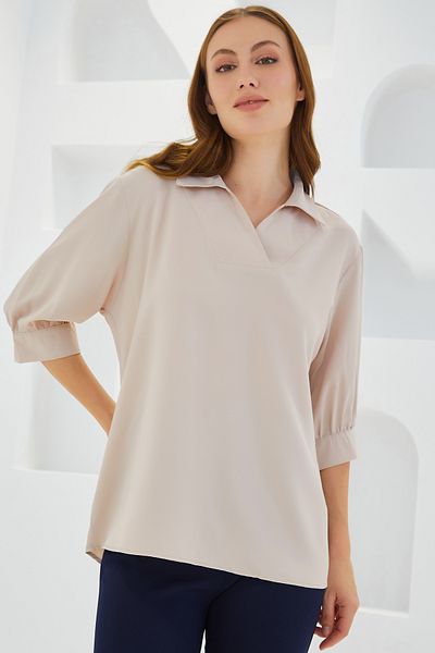 Bigdart Cremefarbene Satinbluse mit Hemdkragen für Damen 0493