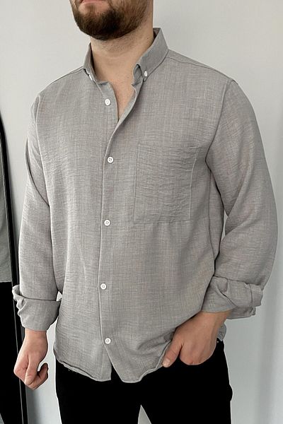 VİP LOKAL Γκρι λινό πουκάμισο μονής τσέπης Slim Fit