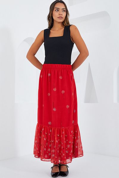 Bigdart Rot gemusterter Chiffonrock für Damen 8010