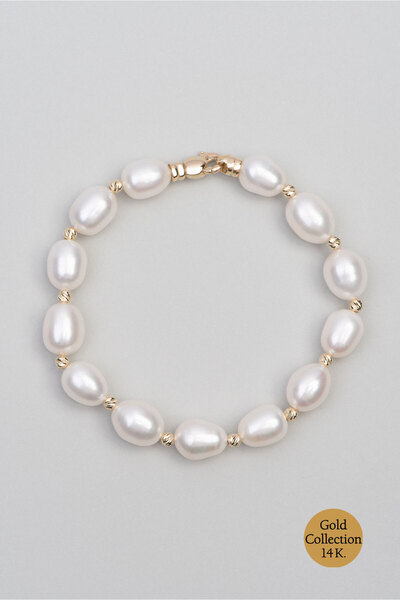 So CHIC... Doğal İnci Taşlı 14 Ayar 19 Cm Altın Bileklik