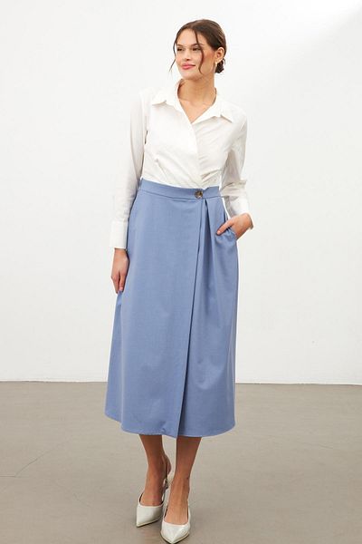 Setre Ecru-Blue Long Sleeve Midi Dress with Shirt and Skirt Detail