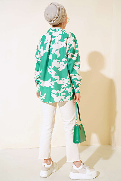 Bigdart 20179 Desenli Uzun Oversize Gömlek - Yeşil