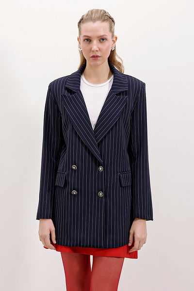 Bigdart Γυναικείο μπουφάν μπλέιζερ Navy Blue με διπλά κουμπιά ριγέ 0699