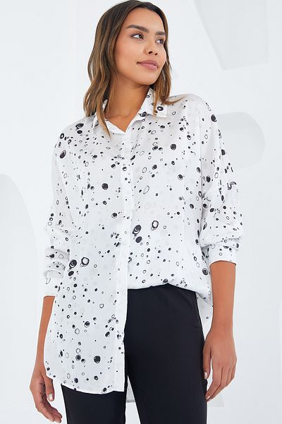 Bigdart Cămașă oversize din satin cu model alb-negru pentru femei 3985