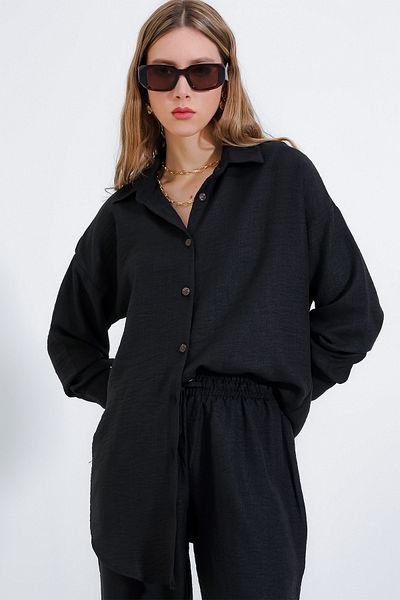 Bigdart Schwarzes, übergroßes Leinen-Oberteil-Set für Damen 6622