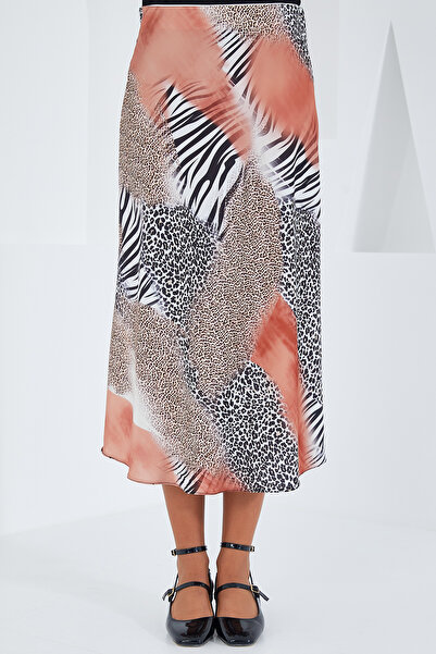 Bigdart Women's Salmon Black Patterned Satin Skirt 15806