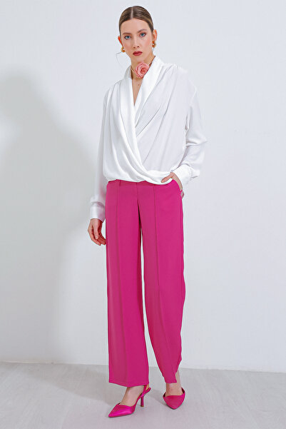 Bigdart Kadın Beyaz Kruvaze Yaka Dökümlü Saten Bluz 0492