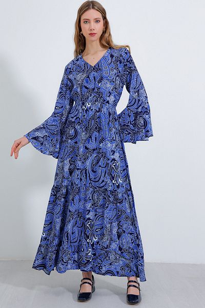Bigdart Women's Saks V-Neck Patterned Long Dress 2454