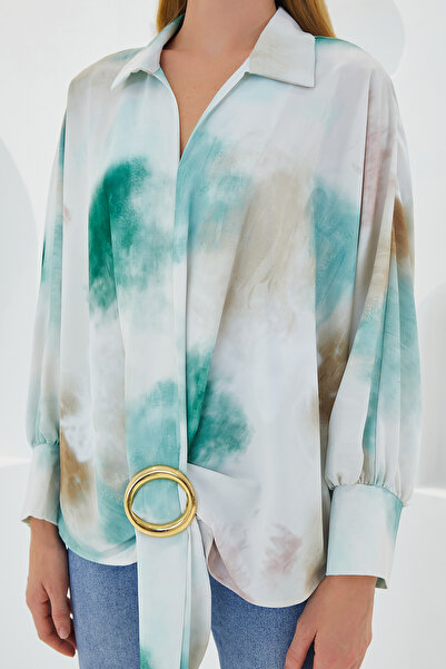 Bigdart Kadın Yeşil Ekru Oversize Dökümlü Saten Gömlek 907