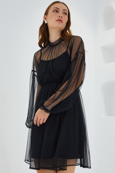 Bigdart Rochie mini cu detalii din tul negru pentru femei 2485