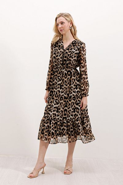 Bigdart 2137 Model Patterned Beige Chiffon Dress