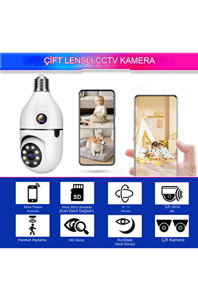 BLUE İNTER 4mp Ampul Kablosuz Wifi Kamera Çift Lens Işık Ip 2 Yönlü Ses Otomatik Izleme Aı Insansı Algılama