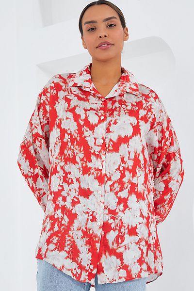 Bigdart Women's Red and White Patterned Oversize Satin Shirt 3985