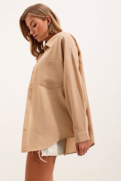 Bigdart 20153 Single Pocket Oversize Linen Shirt - A.beige