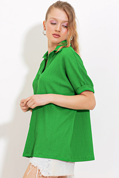 Bigdart Πράσινη γυναικεία πλεκτή μπλούζα Polo Oversize - 0486