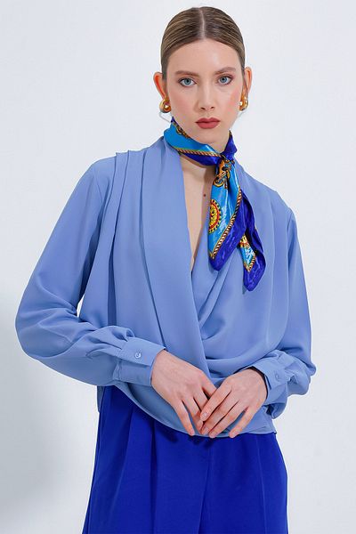 Bigdart Bluză de damă albastră cu guler dublu din satin curgător 0492