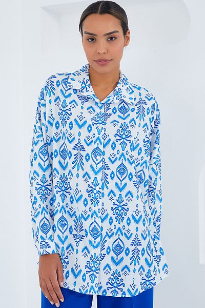Bigdart Women's Blue and White Patterned Oversize Satin Shirt 3985