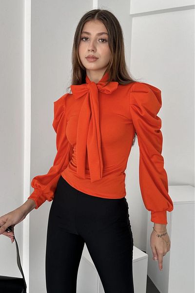 Fav Style Women's Stand Collar Tie Detailed Princess Long Sleeve Blouse Orange