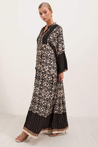 Bigdart Schwarz-beige gemustertes Viskose-Hijab-Kleid für Damen 2423