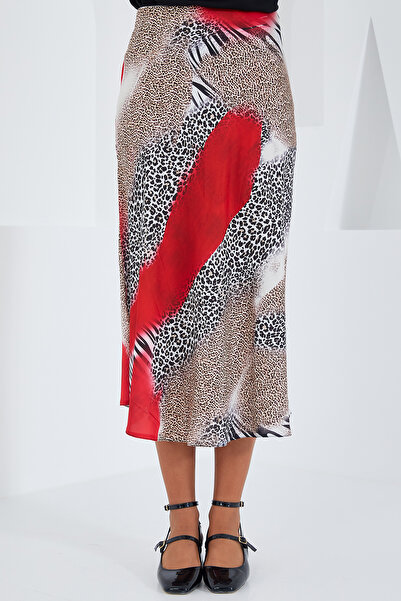 Bigdart Women's Red Black Patterned Satin Skirt 15806