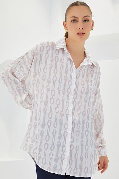Bigdart Puderweißes gemustertes Oversize-Satinhemd für Damen 3985