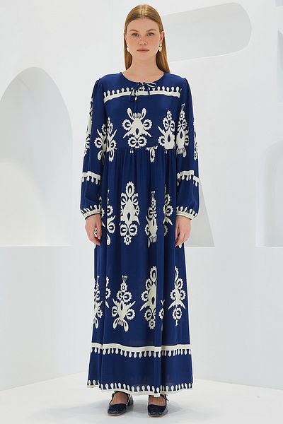 Bigdart Albastru bleumarin cu model alb - rochie lungă pentru femei din viscoză 1947