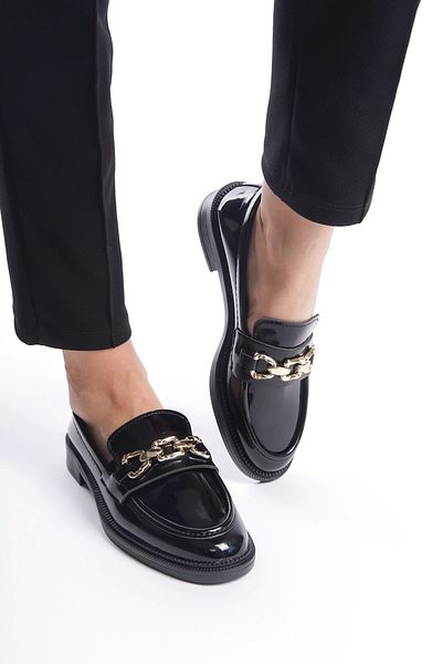 Moda Değirmeni Μαύρα λουστρίνι γυναικεία αγκράφα Loafer Casual Παπούτσια