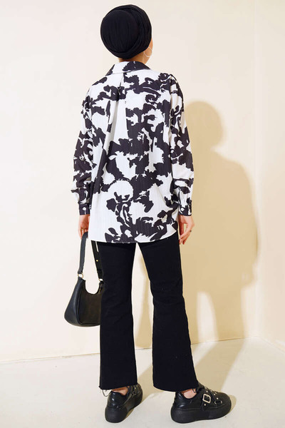 Bigdart 20179 Шарена дълга овърсайз риза - бяла