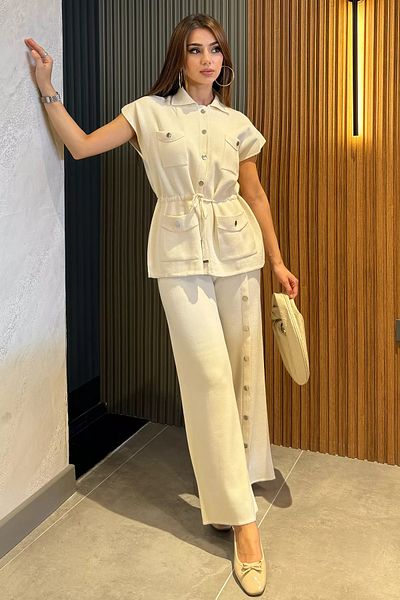 GÜLSELİ Cream Women's Button Detailed Vest Trousers Knitwear Double Set