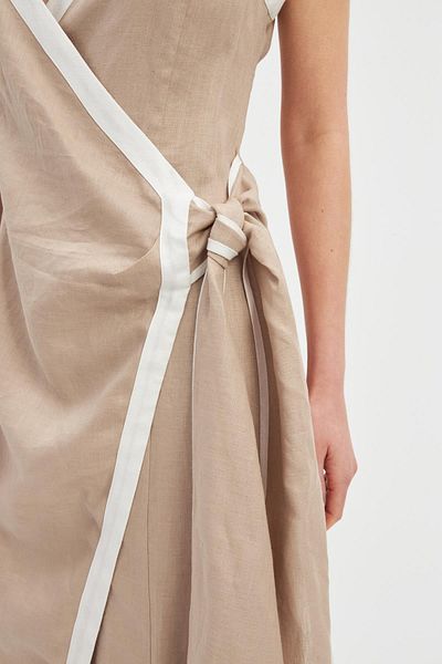 Setre Asymmetrical Lapel Midi Length Dress with Beige-ecru Linen Side Tie Stripe Detail