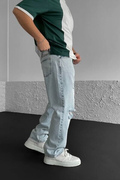 viking's line Baggy Buz Mavisi Diz Yırtık Modelli Kot Pantolon