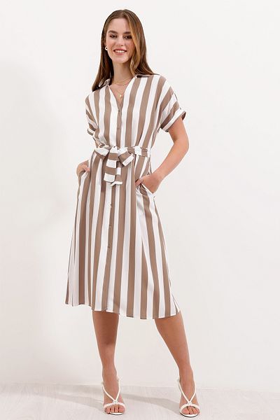 Bigdart 2456 Striped Shirt Dress - Beige