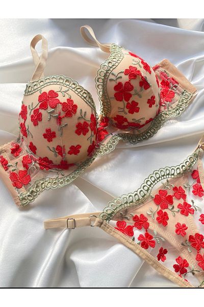 SİLVER MİRROR Padded Red Flower Detailed Bra Panty Thong Set with Backing