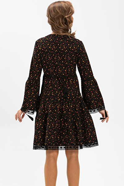 Eliş Şile Bezi Uzun Kol Seçil Pazen Kısa Sonbahar ve Kışlık Elbise Çıtır Desen Siyah Syh