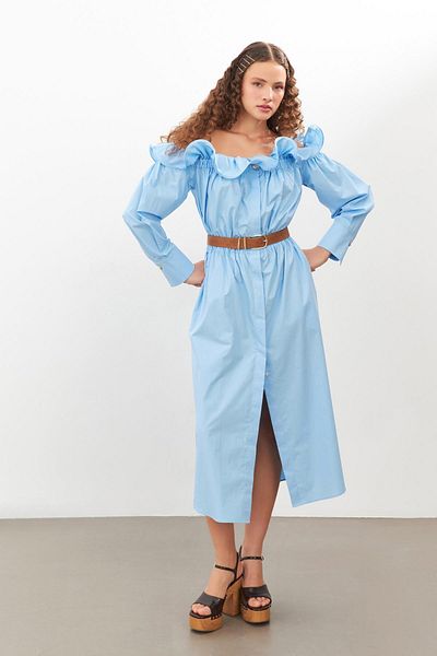 Setre Blue Off-Shoulder Belt Detailed Buttoned Dress