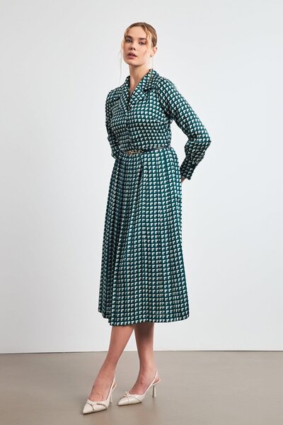 Setre Petrol Colored Shirt Collar and Belt Pleated Patterned Dress