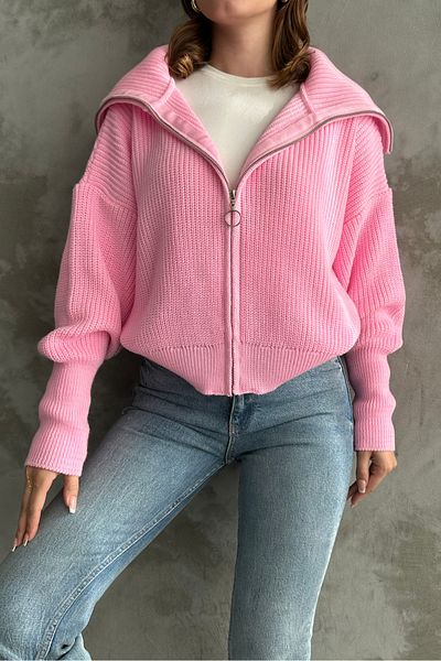 macharel jeans Ζακέτα με φερμουάρ με ροζ γυριστό γιακά