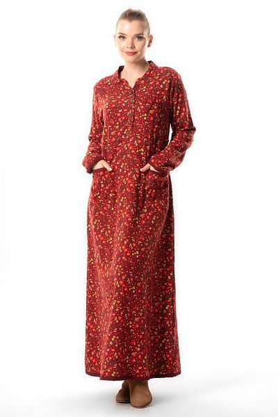 Eliş Şile Bezi Star Bud Patterned Long Autumn and Winter Dress - Burgundy Brd