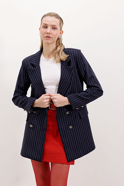 Bigdart Γυναικείο μπουφάν μπλέιζερ Navy Blue με διπλά κουμπιά ριγέ 0699