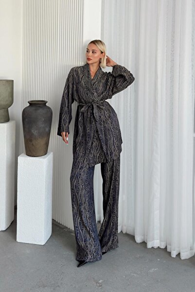 Olcay Mintás selyem megjelenésű kimonó dupla szett SÖTÉTKÉK 9251-TK