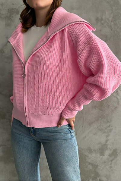 macharel jeans Pembe Devrik Yaka Fermuarlı Triko Hırka