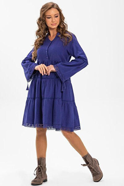 Eliş Şile Bezi Φόρεμα με μακριά μανίκια φανελένιο κοντό φθινοπωρινό και χειμε...