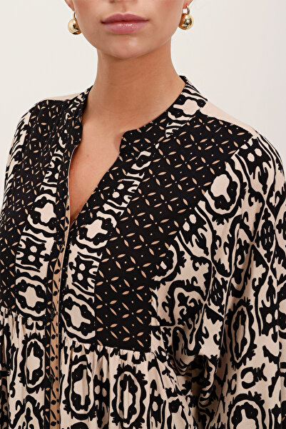 Bigdart Kadın Siyah Bej Desenli Viskon Tesettür Elbise 2423