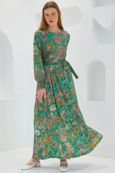 Bigdart Women's Green Floral Patterned Knitted Hijab Dress 1525